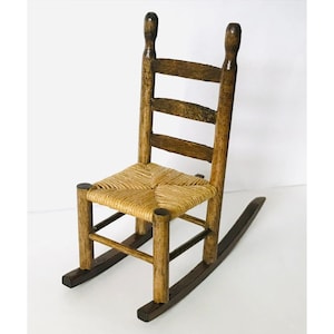 Vintage Artisan Signed Dollhouse Miniature Wooden Rocking Chair Woven Seat Quaker Style 3&quot; Handmade Crafted USA OOAK Mini Toy