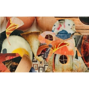 May include: A mixed media collage featuring abstract shapes and forms. The artwork incorporates various textures and colors, including orange, brown, and blue. The composition includes what appears to be a mushroom, a house, and a rabbit.