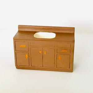 Vintage Strombecker Dollhouse Wooden Kitchen Sink & Cabinet Countertop Miniature Brown Block Style Mini