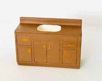 Vintage Strombecker Dollhouse Wooden Kitchen Sink & Cabinet Countertop Miniature Brown Block Style Mini
