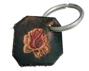 Vintage Leather Red Rose Stamped Keychain Key Fob Small 1&quot; 1970s Flower Small Keyring Handmade USA Leather Crafts