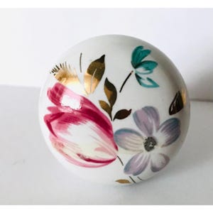 1 White Porcelain Knob Flowers Mushroom Shaped Cabinet Hardware Single Knob Ceramic Floral Decorative Colorful