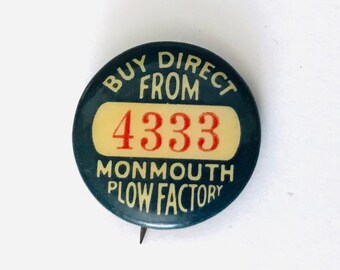 Rare Early 1900s Monmouth Plow Factory Celluloid Pinback Button Dealer Salesman Agriculture Advertising Farming Tractors Illinois American