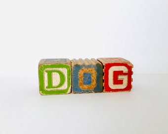 Dog Spelled In Antique Wood Toy Blocks 3 Bears Scene Wooden Children's Toy Illustrations Letters Mixed