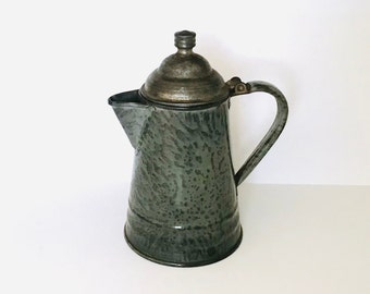 Antique Gray Mottled Graniteware Enamelware Coffee Pot Hinged Lid Attached Grey Small