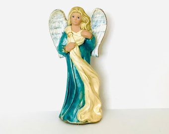 Hand Painted Ceramic Winged Angel Figurine Standing Lady Figure 7" Tall Blue Gold