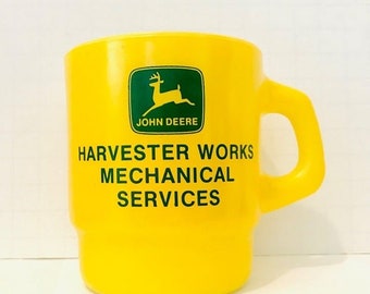 Vintage John Deere Anchor Hocking Mug Agriculture Advertising USA Yellow Coffee Cup