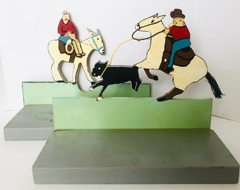 Vintage Artisan Folk Art Cowboy Cowgirl Bookends Western Horses Cow Roping Wood Hand-Painted Handmade