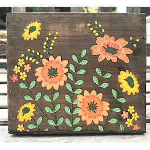 Vintage Hand bemalte Holz Pflanzkasten Seil Griffe Gesäumt Blumen Pflanzen Helle Farben 15 x 15 cm