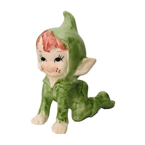 Vintage Lefton Japan Green Pixie Elf Ceramic Figurine Christmas Decoration Tabletop Small Xmas Elves