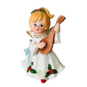 Vintage Homco Angel Figurine Playing Mandolin #5551 Bisque Porcelain
