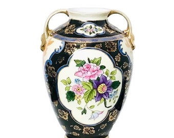 Noritake Gold Guilt Handled Vase Hand Painted Floral Pottery Japan Black Blue Purple Ornate 7" Home Decor