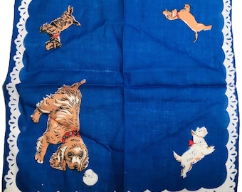 Vintage Handkerchief Dogs Rhinestones Hanky Spaniel Scotties Dachshund Blue