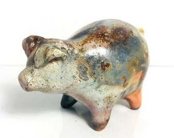 Contemporary Pig Sculpture Artist Sandy Toland Artisan Signed Raku Studio Pottery Ceramic Art Animal Artwork Original