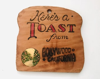 Vintage Hollywood CA Holzpostkarte, Toast-Zitat auf der Rückseite, unfrankiert, Kitsch aus Kalifornien