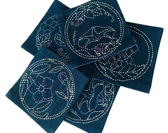 5 Kogin Japanese Needlework Embroidered Coasters Squares Floral Blue Set