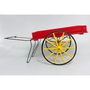 Vintage Handwerker Miniatur Pferdekutsche Wagon Buggy Holz handgefertigt 3 "USA roter Warenkorb gelbe Räder