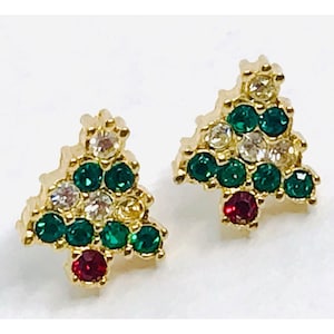 Vintage Rhinestone Christmas Tree Earrings Studs Small Gold Tone Red Green White Tiny