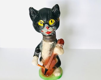 Antique Rare Anthropomorphic Black Cat Nodder Paper Mache Germany Candy Container 10" Tall Bobblehead Musician Musical