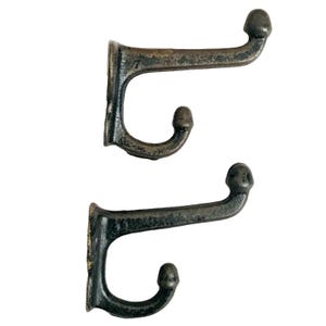 Cast Iron Coat Hooks Architectural Salvage Wall Hook Vintage Chippy Black Paint Heavy Metal Set of 2 Pair