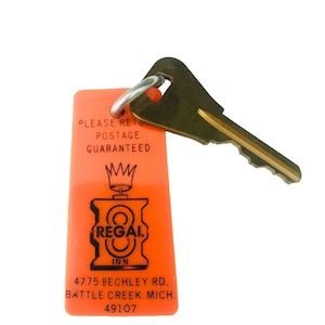 Vintage Regal 8 Inn Battle Creek MI Hotel Key & Fob #228 Michigan USA Original Orange Acrylic