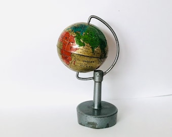 Antique Tin Litho Metal Globe Pencil Sharpener Germany Spins Works 3.5"