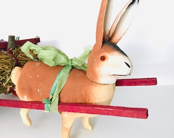 Rare 1920's Germany Paper Mache Easter Bunny Rabbit Candy Container Pulling Cart 14" Total Length Colorful Home Decor