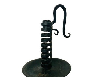 Antique Wrought Iron Courting Candle Holder Forged Cast Iron Spiral Coil Rat Tail Black Decor Handle