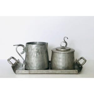 1940s Buenilum Hammered Aluminum Cream & Sugar Set On Serving Tray BW Metalwork Vintage Metalware Decorative Serving Ware USA