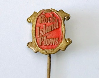 Antique 1900s Rock Island Plow Hat Pin Brass Enamel Lapel Jacket Pin Agriculture Advertising Tractors Farming Implements American