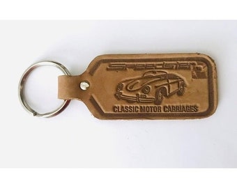Vintage Speedster Porche Tooled Leather Key Ring Fob Advertising Keychain Classic Motor Carriages Cars Autos
