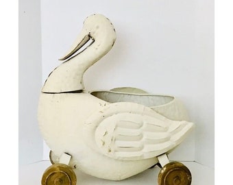 Fun Odd Vintage Swan On Wheels Metal Planter Handmade Sculptural Bird Outdoor Art Container Garden Decor Unique Outdoor Yard Decor