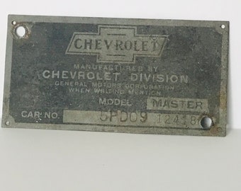 Vintage Chevrolet Master Body ID Data Plate Auto Restoration Identification Tag Chevy Collector Item