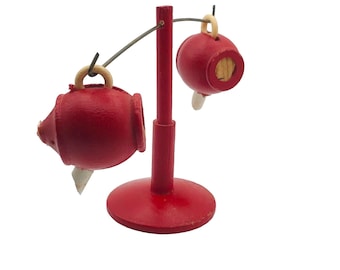 Vintage Hanging Salt & Pepper Teapot Shakers Mini Red Wooden Balancing S and P Set Wood Novelty Shapes Whimsical Collectible