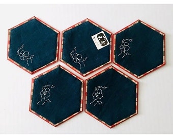 5 Kogin Embroidered Coasters Japan Needlework Flowers Blue Hexagonal Handmade