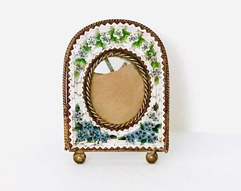 Antique Italian Miniature Mosaic Picture Frame c. 1900 Arch Flowers Floral Blue Forget Me Knots