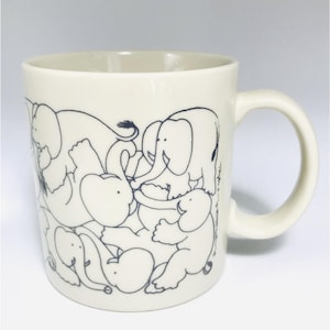 1979 Taylor & Ng Naughty Elephants Mug Japan Gray on White Cup Vintage Original 1970s Collectible Coffee Mug