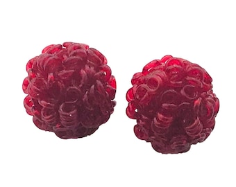 2 Vintage Red Celluloid Extruded Buttons Curly Dome Spaghetti Loops Rings Plastic Sewing Clothing Accents Fashion USA