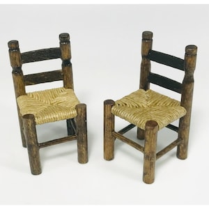 2 Vintage Artisan Dollhouse Miniature Wooden Kid&#39;s Chairs Rush Seats Handmade 2&quot; Set Pair