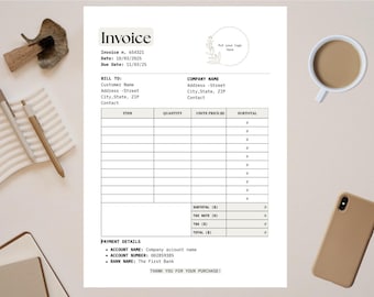 May include: An invoice template with the word "Invoice" at the top. The document includes fields for customer and company details, itemized lists, and payment information. A cup of coffee, a phone, and stationery are on the table.