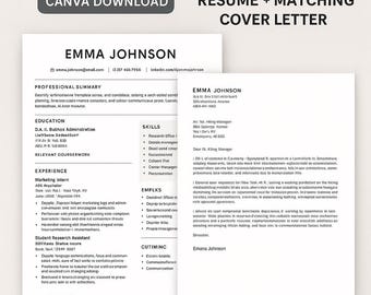 May include: A resume and cover letter template with the name "EMMA JOHNSON" at the top. The resume includes sections for professional summary, education, experience, skills, and relevant coursework. The cover letter is on the right.