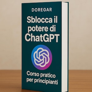 Peut inclure: Un livre teal intitulé "Sblocca il potere di ChatGPT" avec le nom de l'auteur "DOREGAR" en haut. Le livre présente un logo coloré et le texte "Corso pratico per principianti" en bas. Le livre est sur une surface en bois.