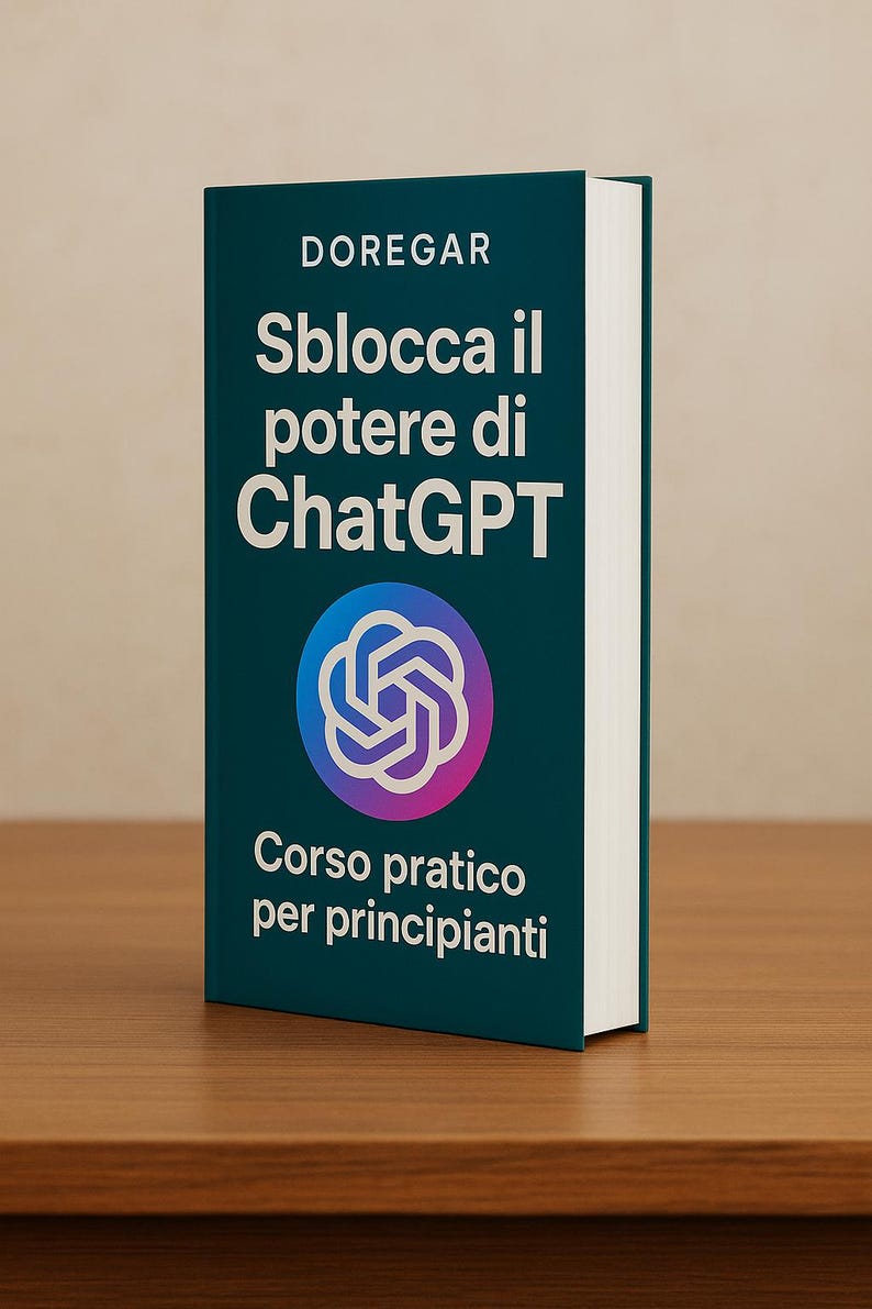May include: A teal book titled "Sblocca il potere di ChatGPT" with the author's name "DOREGAR" at the top. The book features a colorful logo and the text "Corso pratico per principianti" at the bottom. The book is on a wooden surface.