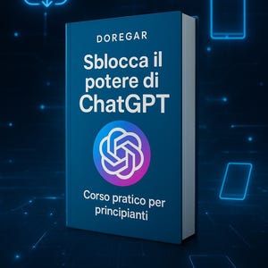 May include: A book titled "Sblocca il potere di ChatGPT" with the author's name "DOREGAR" on the cover. The book has a blue cover with white text and a graphic of a stylized flower in purple and pink. The book is a practical course for beginners.