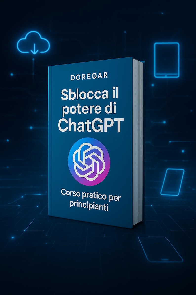 May include: A book titled "Sblocca il potere di ChatGPT" with the author's name "DOREGAR" on the cover. The book has a blue cover with white text and a graphic of a stylized flower in purple and pink. The book is a practical course for beginners.