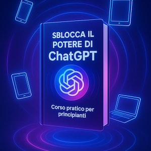 May include: A digital illustration of a book with the title "Sblocca il Potere di ChatGPT" and the subtitle "Corso pratico per principianti". The book is surrounded by glowing outlines of tablets and a laptop, all on a dark blue background.