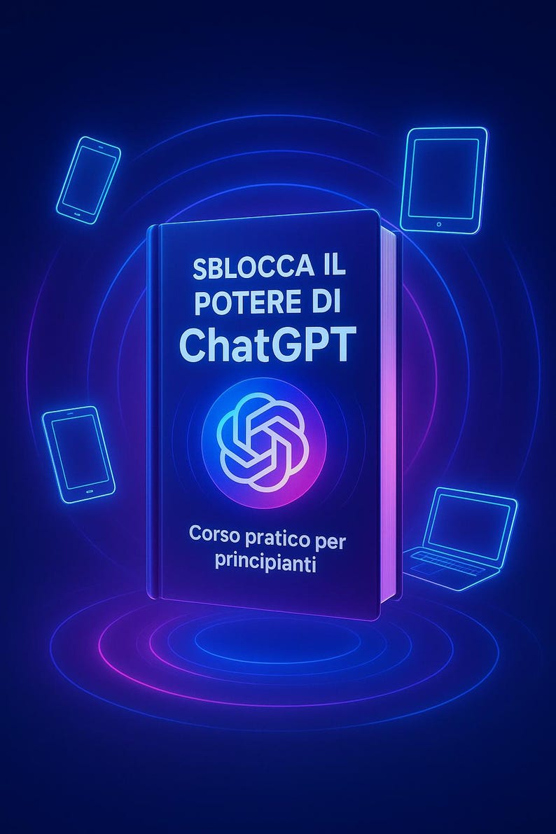 May include: A digital illustration of a book with the title "Sblocca il Potere di ChatGPT" and the subtitle "Corso pratico per principianti". The book is surrounded by glowing outlines of tablets and a laptop, all on a dark blue background.