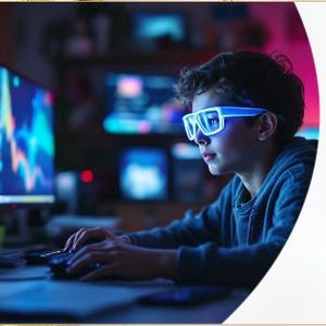 May include: A person wearing blue light glasses, illuminated by a computer screen. The image includes the text "Blue Light Wellness Toolkit" with the tagline "Protect your eyes. Sleep better. Live smarter."