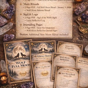 Ritual de Luna Llena del Lobo, enero de 2026 / Kit imprimible / Liberación lunar, registro y sigilo / 5 archivos PDF + Bono de Luna Nueva