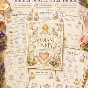 May include: A set of printable pages and cards with a celestial theme. The central item is a book titled "Radiant Unity" with a sun and rainbow design. The bundle includes affirmation cards and pages with floral and moon illustrations.